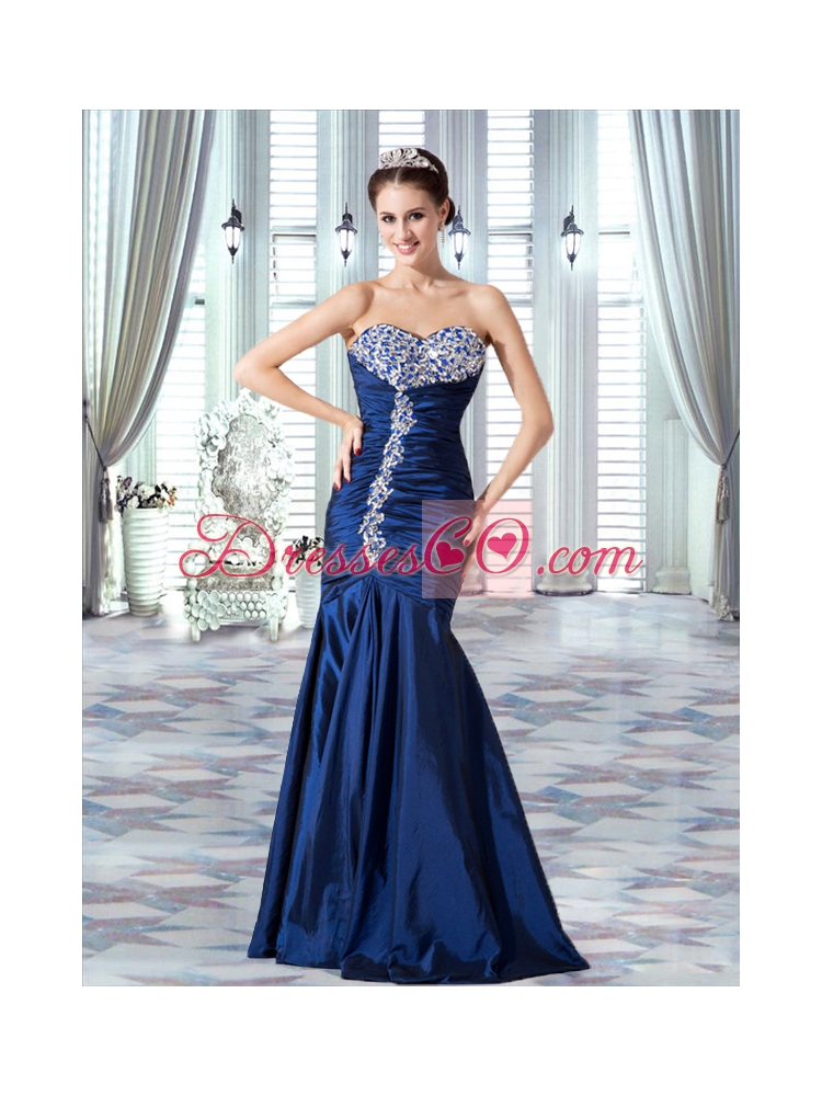 Taffeta Navy Blue Mermaid Prom Dress with Ruching and Beading