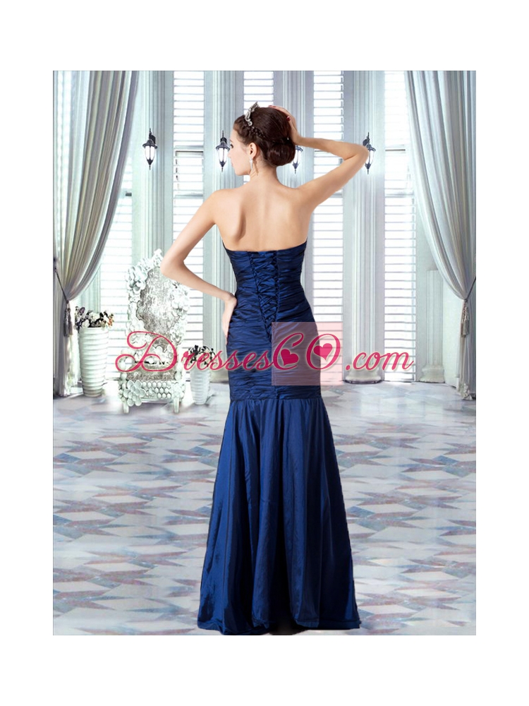 Taffeta Navy Blue Mermaid Prom Dress with Ruching and Beading