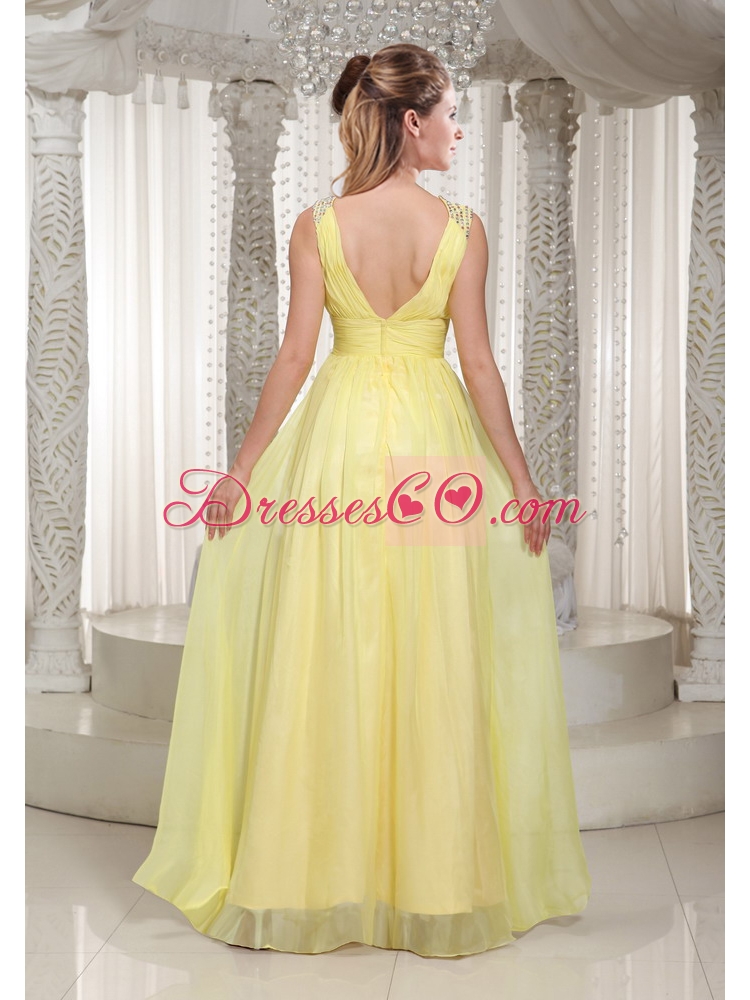 Latest Light Yellow V Neck Chiffon Prom Dress with Beading and Straps