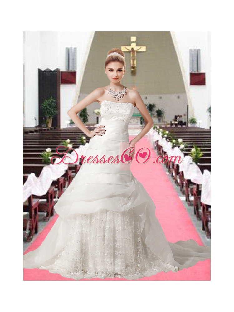 Beautiful Strapless A Line Chapel Train Appliques Lace Wedding Dresses