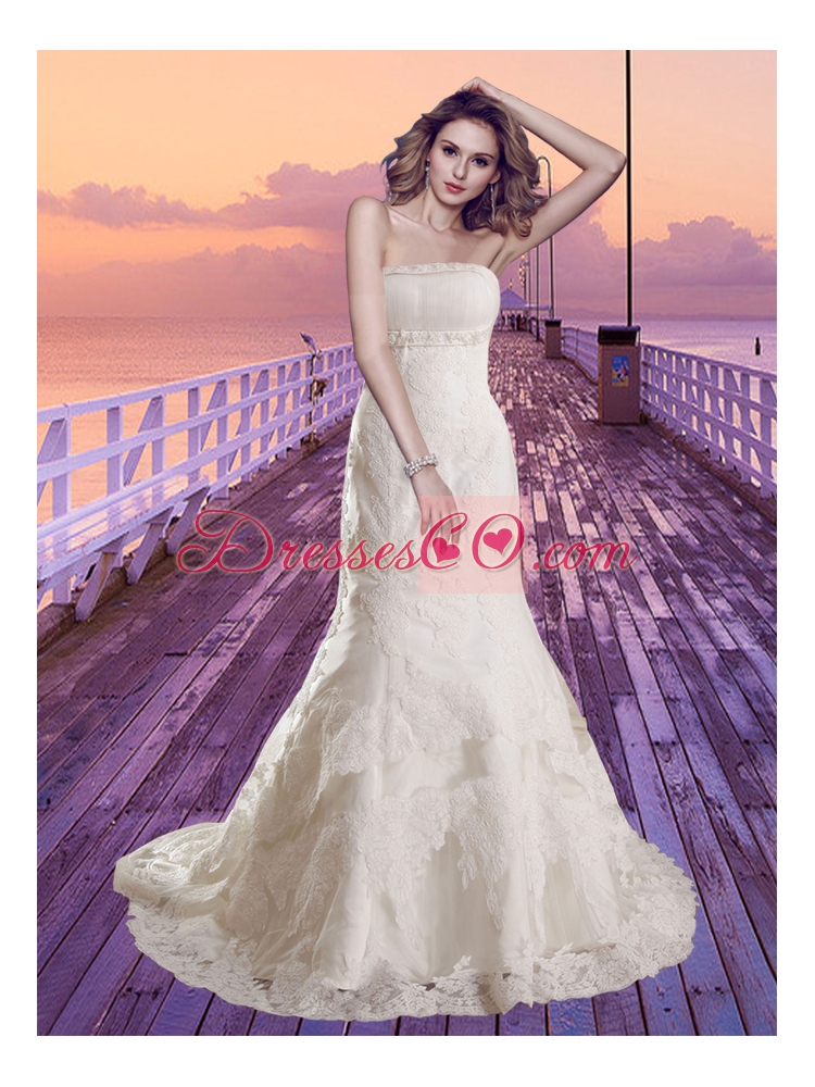 Mermaid Strapless Lace Beading Wedding Dress with Chapel Train