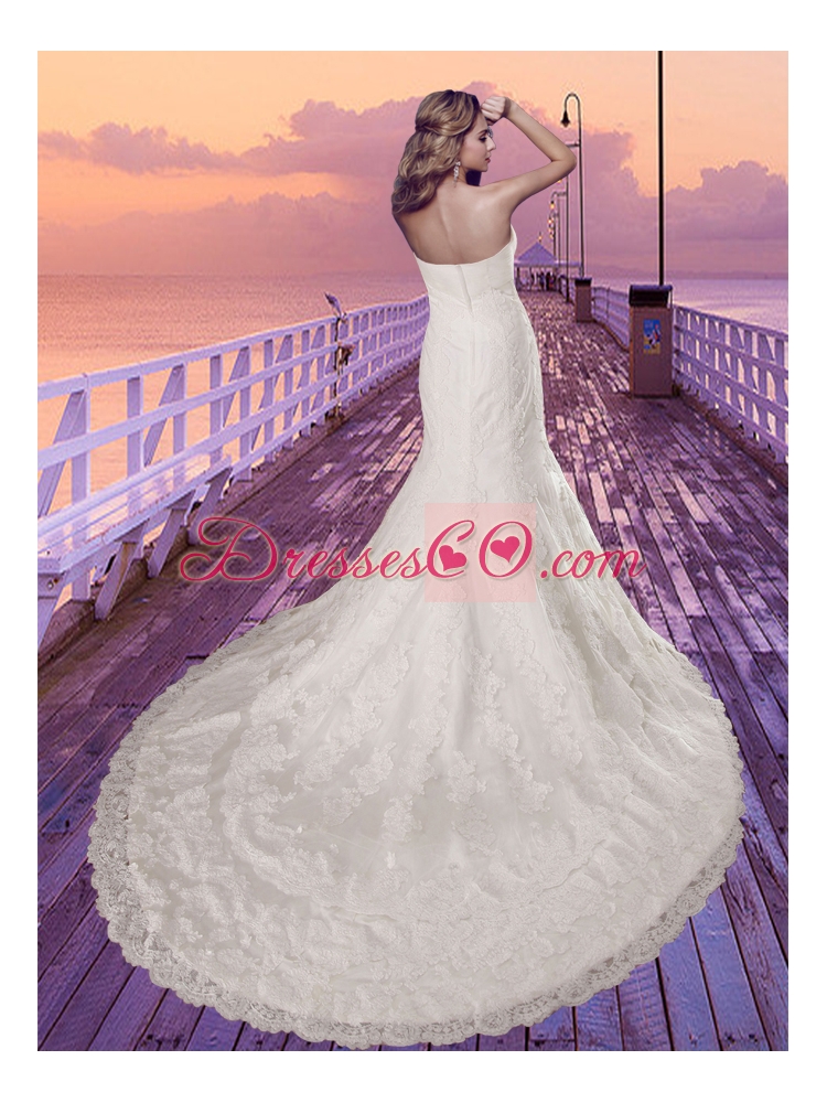 Mermaid Strapless Lace Beading Wedding Dress with Chapel Train