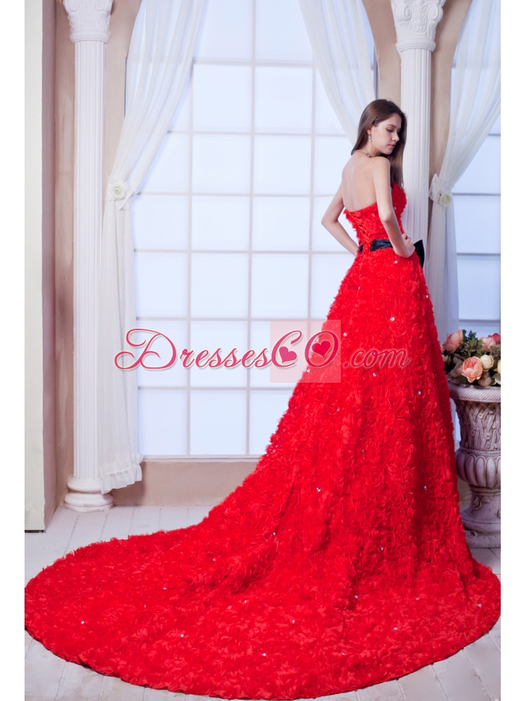 Romantic Red Strapless Cathedral Train Beading and Sash Wedding Dress