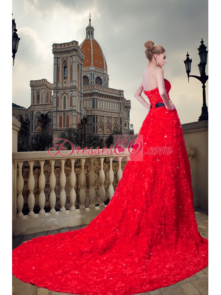 Romantic Red Strapless Cathedral Train Beading and Sash Wedding Dress