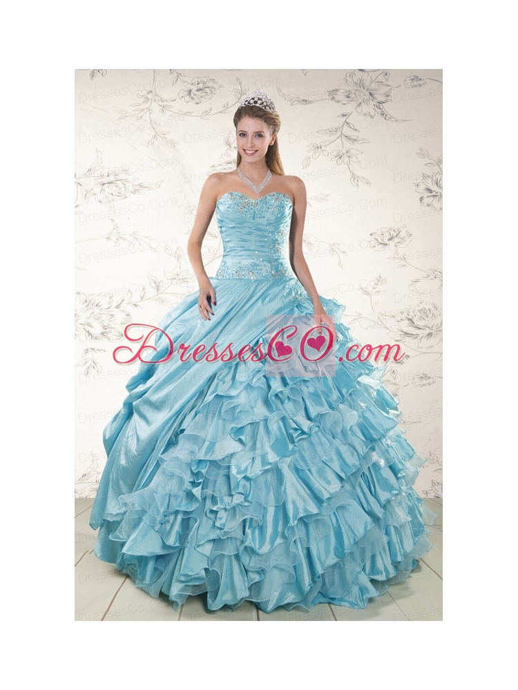 Beading Ruffles Aqua Blue Organza Quinceanera Dress