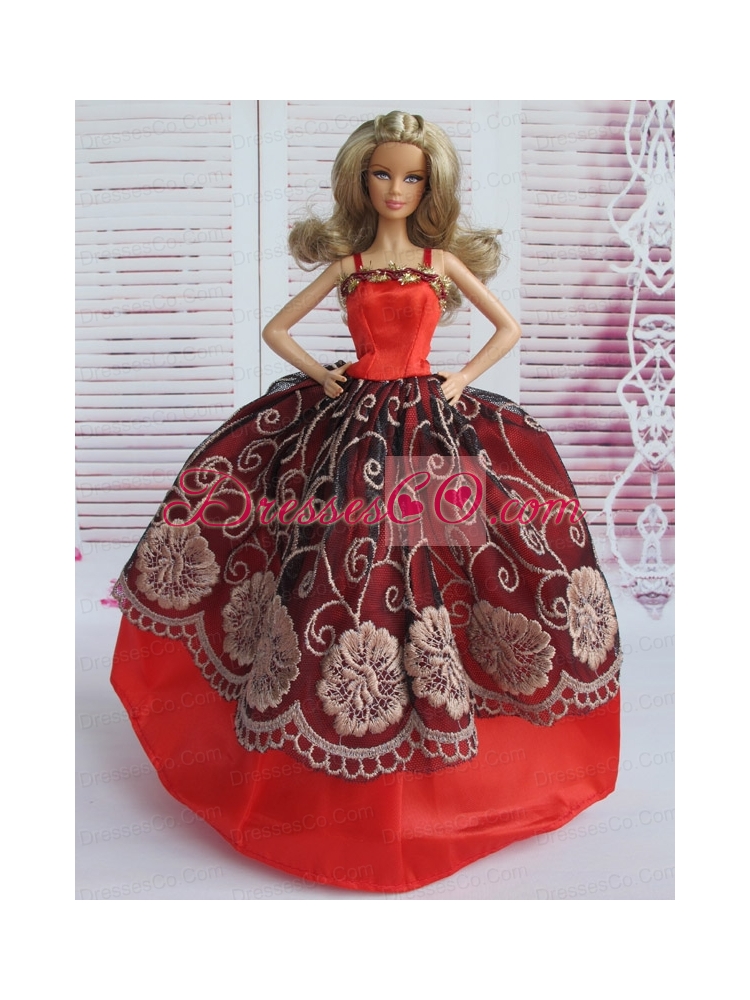 Beautiful Embroidery Ball Gown Red And Black Quinceanera Doll Dress