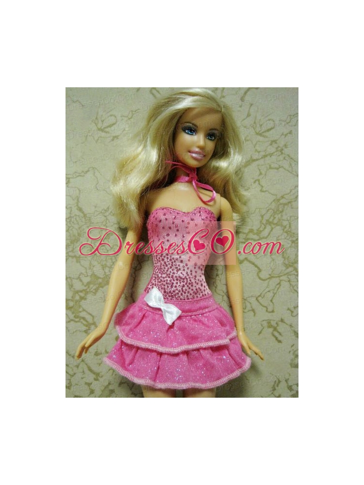 Elegant Beading Short Hot Pink Quinceanera Doll Dress