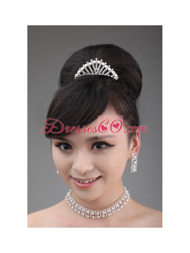 Pearl Wedding Jewelry Set Including Necklace  Earrings And Crown