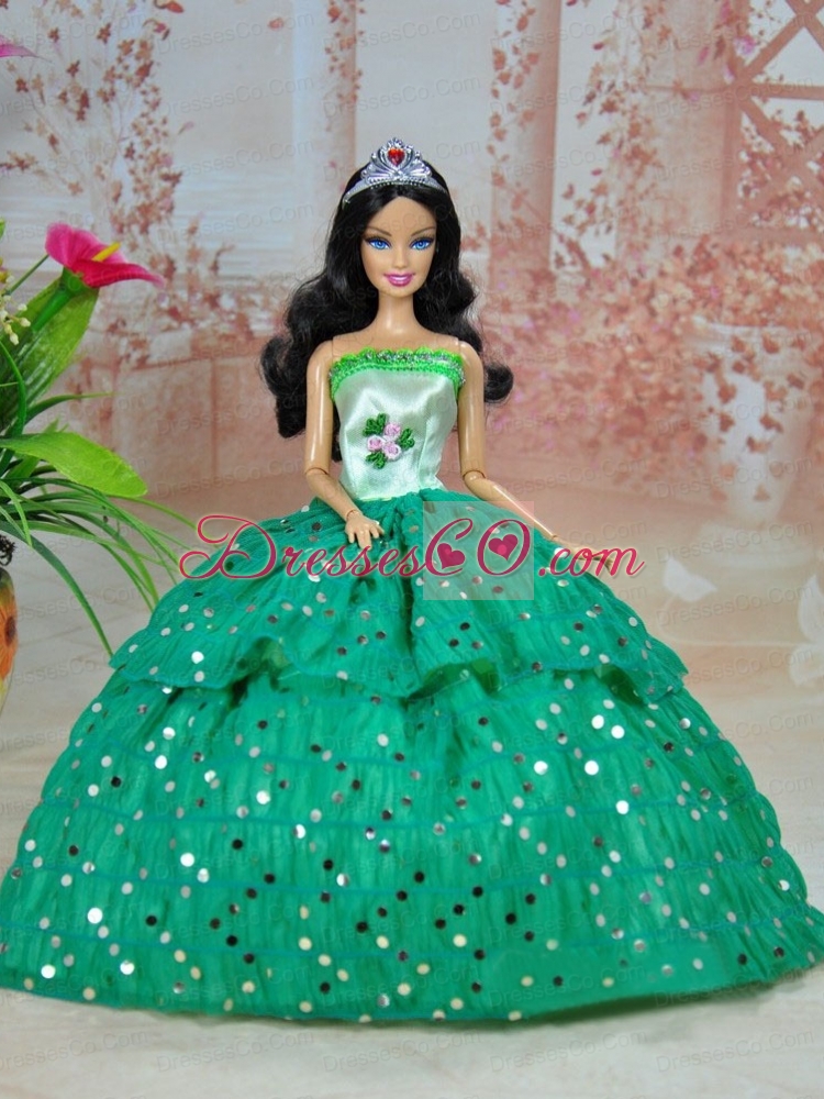 Elegant Ball Gown Green Strapless Hand Made Flowers Party Clothes Fashion Dress For Quinceanera Doll