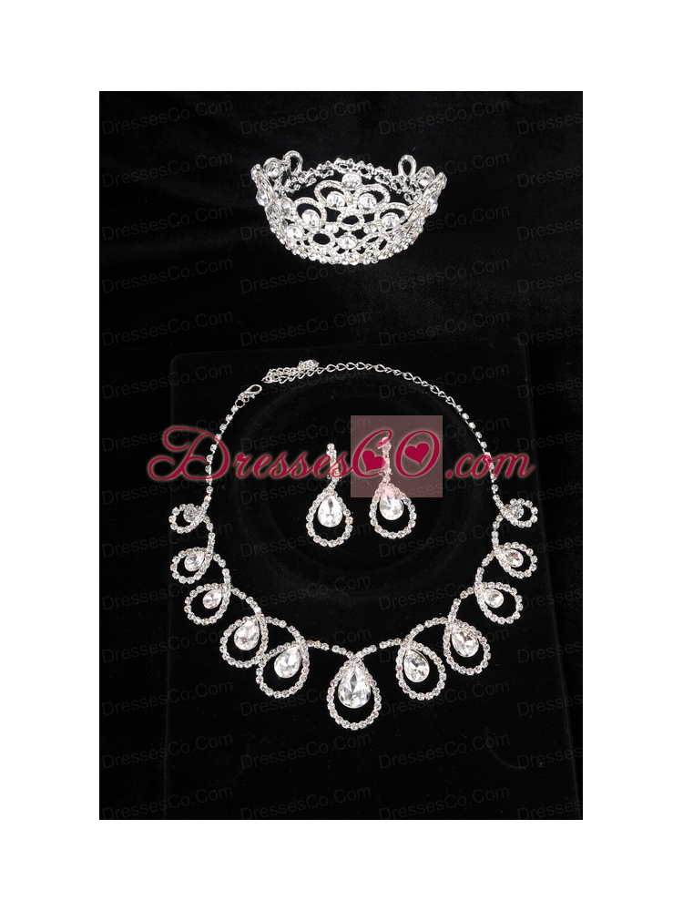 Romantic Rhinestone Jewelry Set Including Tiara Necklace And Earrings