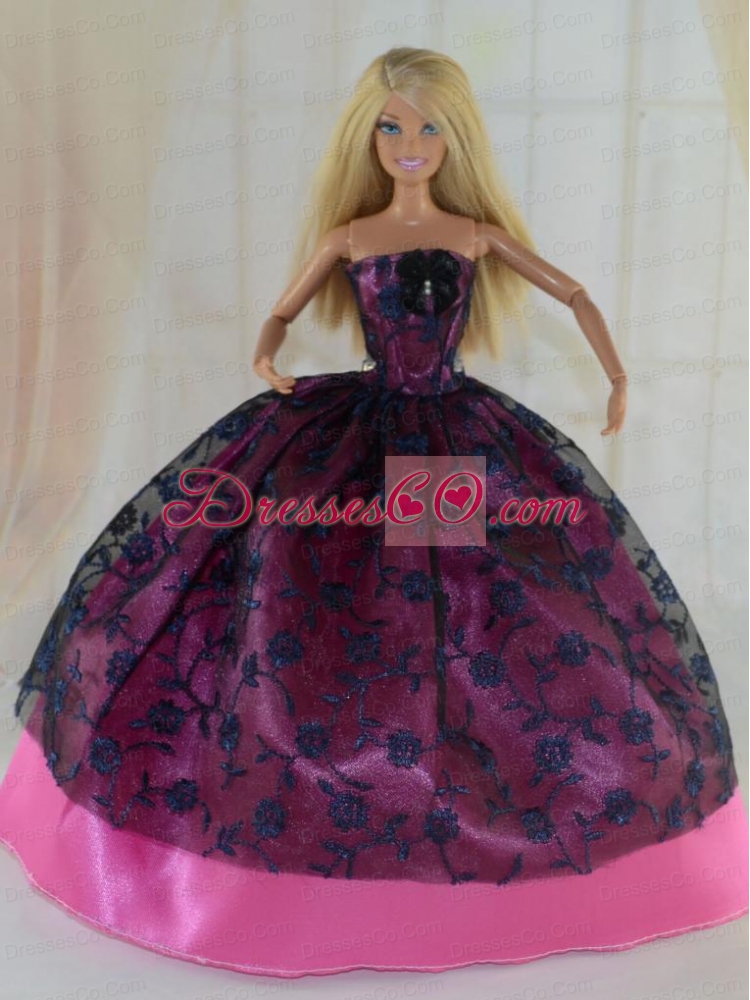 Elegant Ball Gown Party Clothes Lace Black And Hot Pink Quinceanera Doll Dress