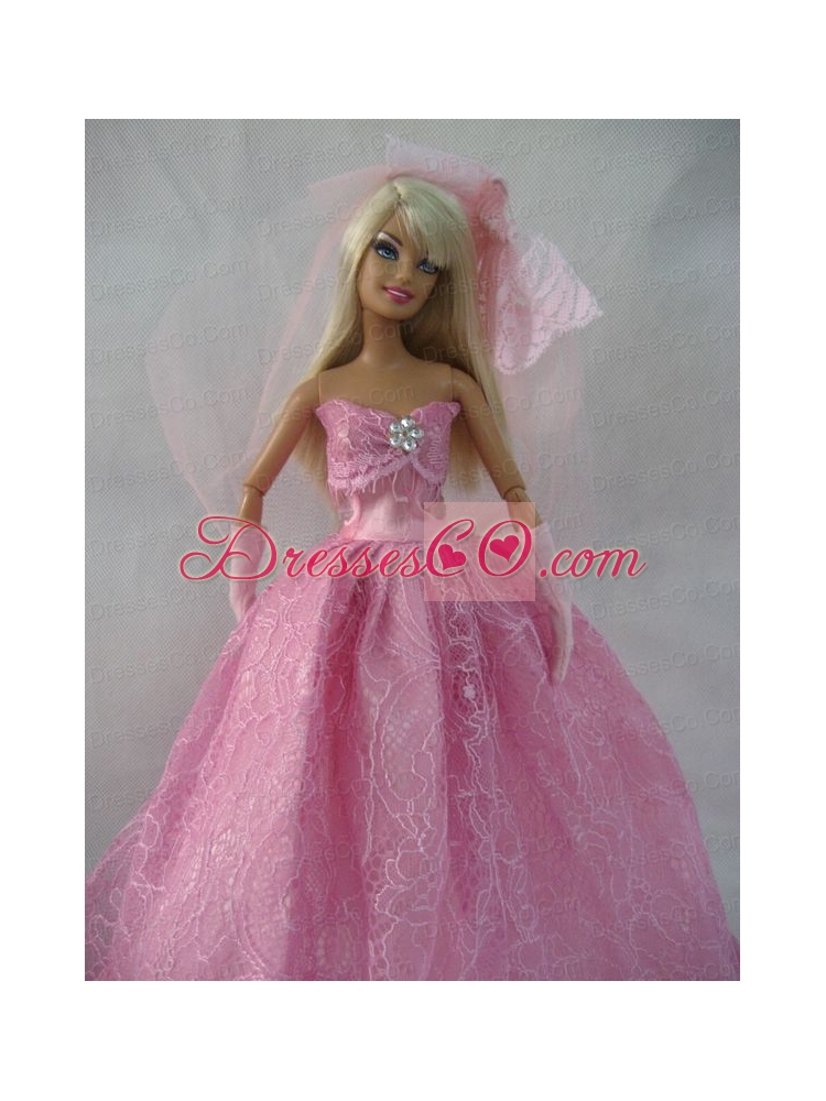 Romantic Rose Pink Strapless Lace Wedding Dress For Quinceanera Doll