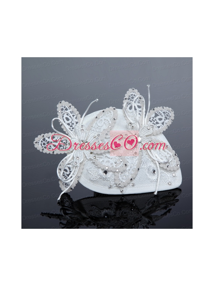 White Cheap Lace Hair Flowers with Rhinestone