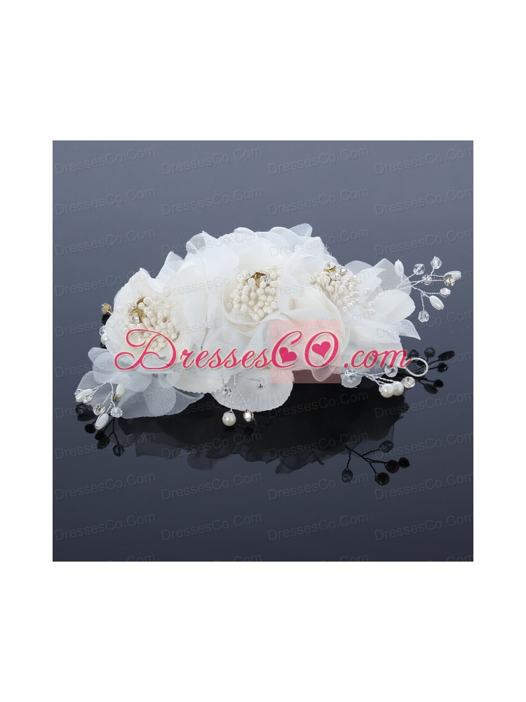 Beautiful Rhinestone Pearl Chiffon White Hair Flowers