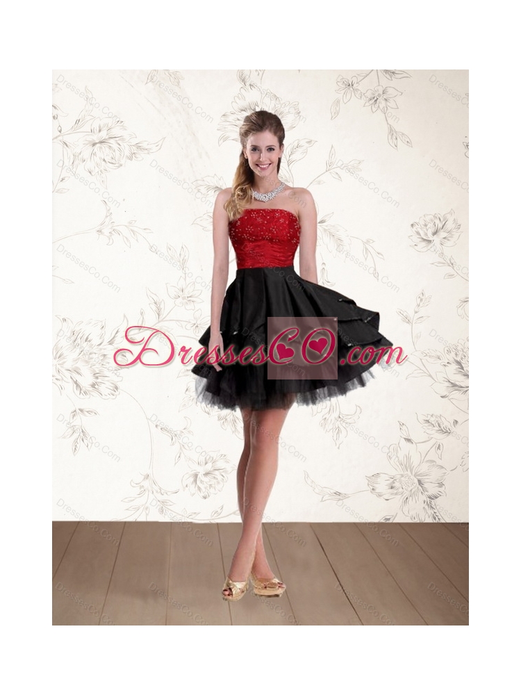 Elegant High Low Strapless Beaded Prom Dress in Red and Black