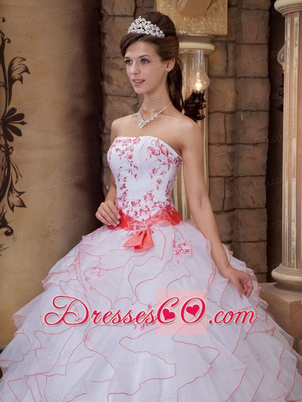 White Ball Gown Strapless Long Organza Embroidery Quinceanera Dress