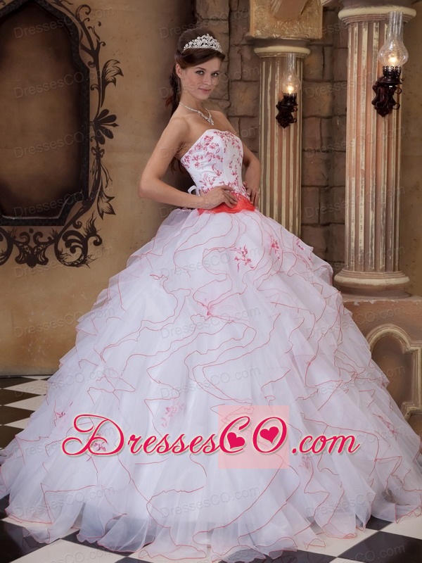 White Ball Gown Strapless Long Organza Embroidery Quinceanera Dress