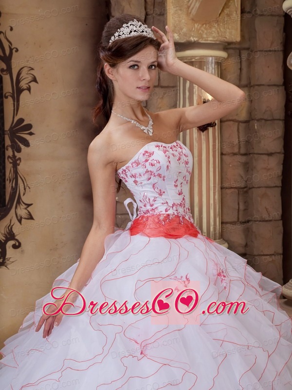 White Ball Gown Strapless Long Organza Embroidery Quinceanera Dress