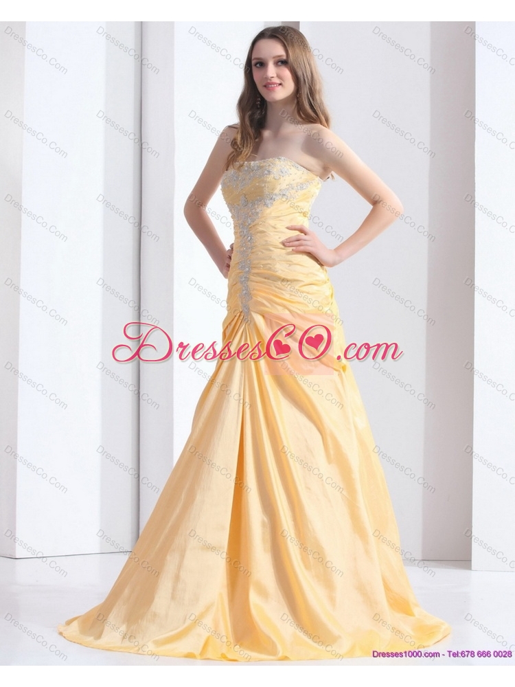 Brush Train Gold Prom Dress with Ruching and Beading