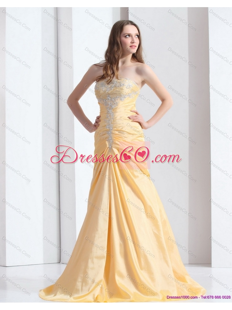 Brush Train Gold Prom Dress with Ruching and Beading