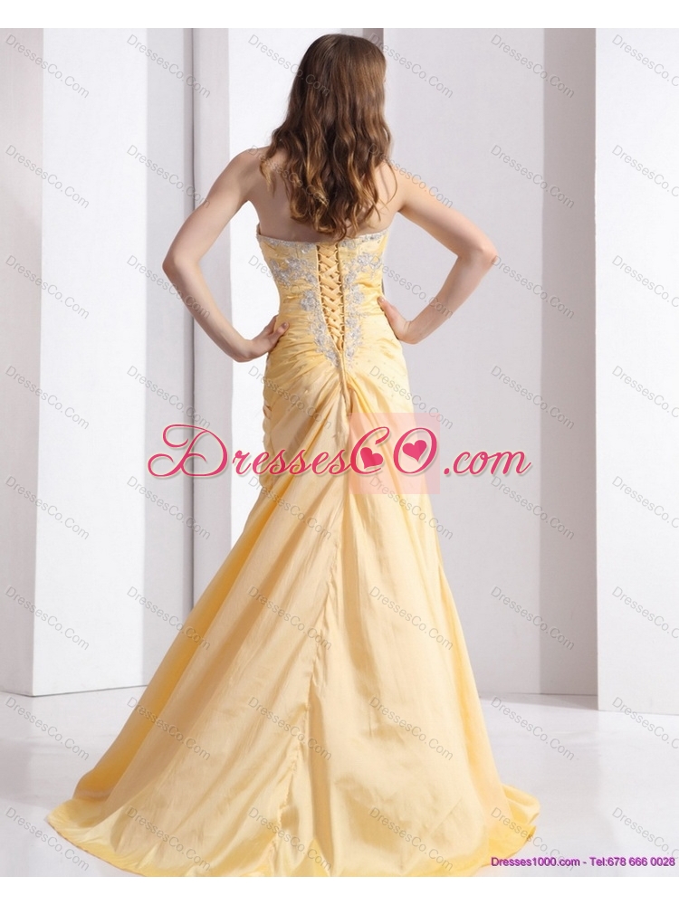 Brush Train Gold Prom Dress with Ruching and Beading