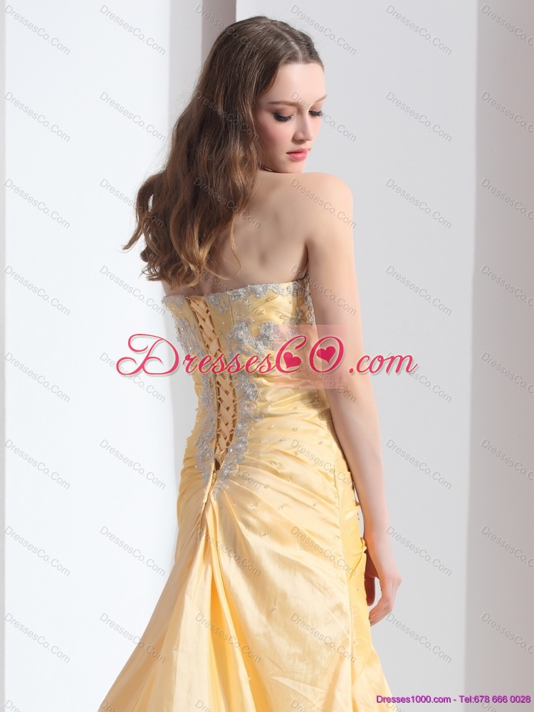 Brush Train Gold Prom Dress with Ruching and Beading