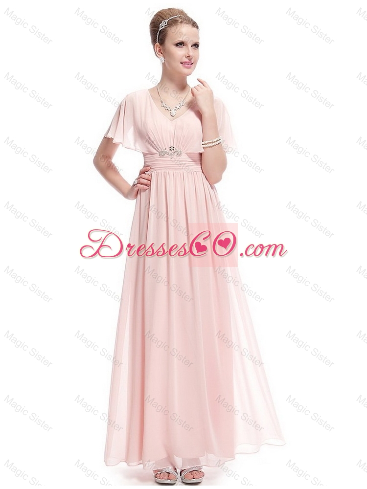 Cheap Lovely New Style V Neck Beaded Prom Dress with Short Sleeves