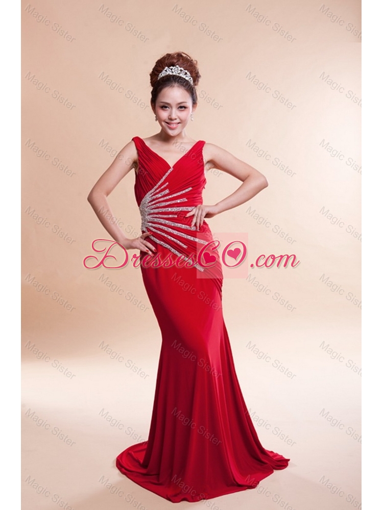 Gorgeous Exclusive Most Popular V Neck Column Brush Train Red Prom Dresses