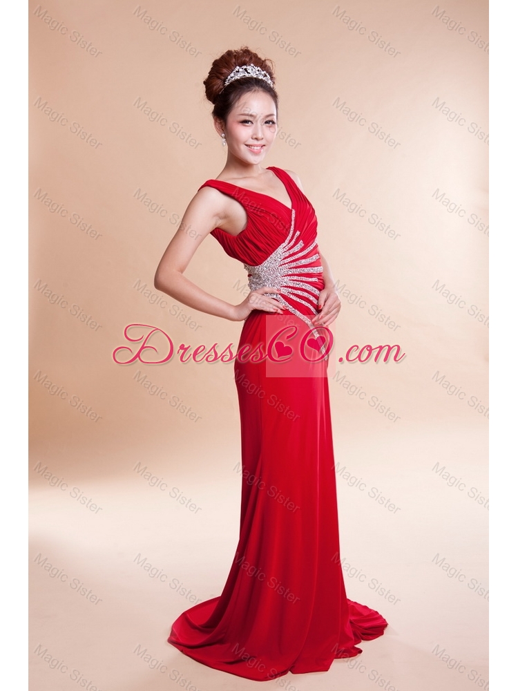 Gorgeous Exclusive Most Popular V Neck Column Brush Train Red Prom Dresses