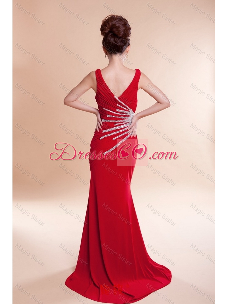 Gorgeous Exclusive Most Popular V Neck Column Brush Train Red Prom Dresses