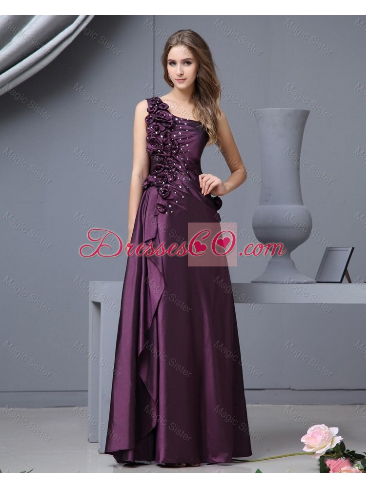 Elegant One Shoulder Beaded Prom Dress with Hand Made Flowers
