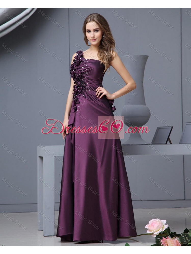 Elegant One Shoulder Beaded Prom Dress with Hand Made Flowers