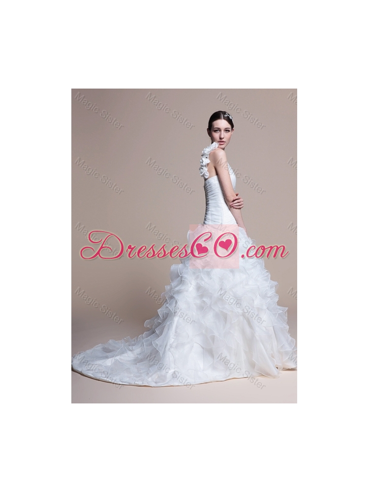 Classical A Line One Shoulder Wedding Dress with Ruffles