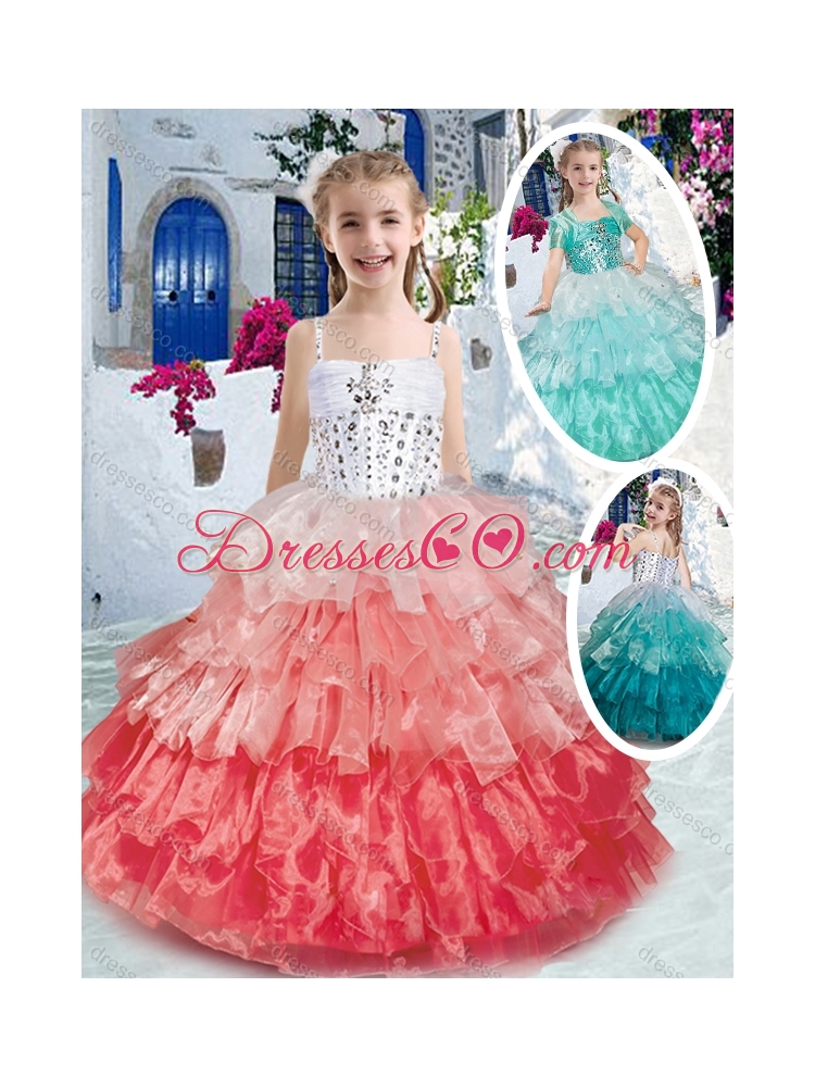 Elegant Spaghetti Straps Little Girl Pageant Dress with Ruffled Layers and Beading