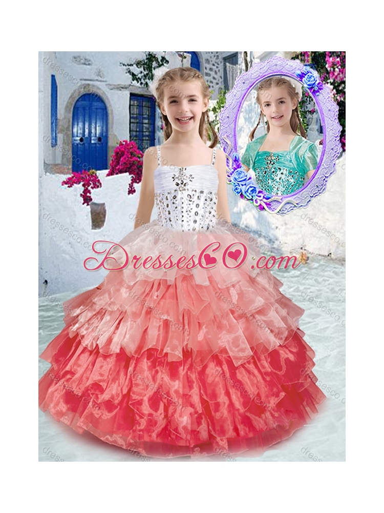 Elegant Spaghetti Straps Little Girl Pageant Dress with Ruffled Layers and Beading