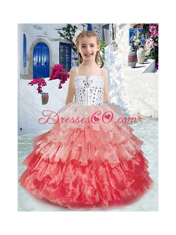 Elegant Spaghetti Straps Little Girl Pageant Dress with Ruffled Layers and Beading