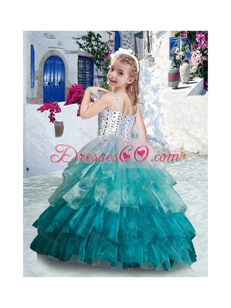 Elegant Spaghetti Straps Little Girl Pageant Dress with Ruffled Layers and Beading