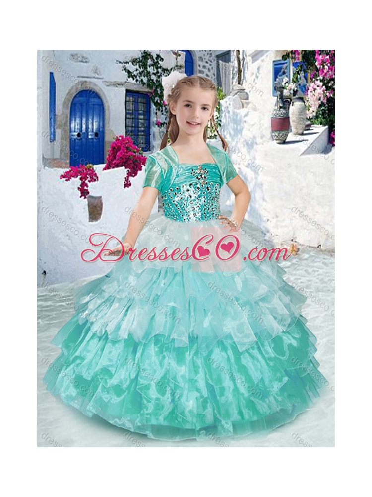 Elegant Spaghetti Straps Little Girl Pageant Dress with Ruffled Layers and Beading