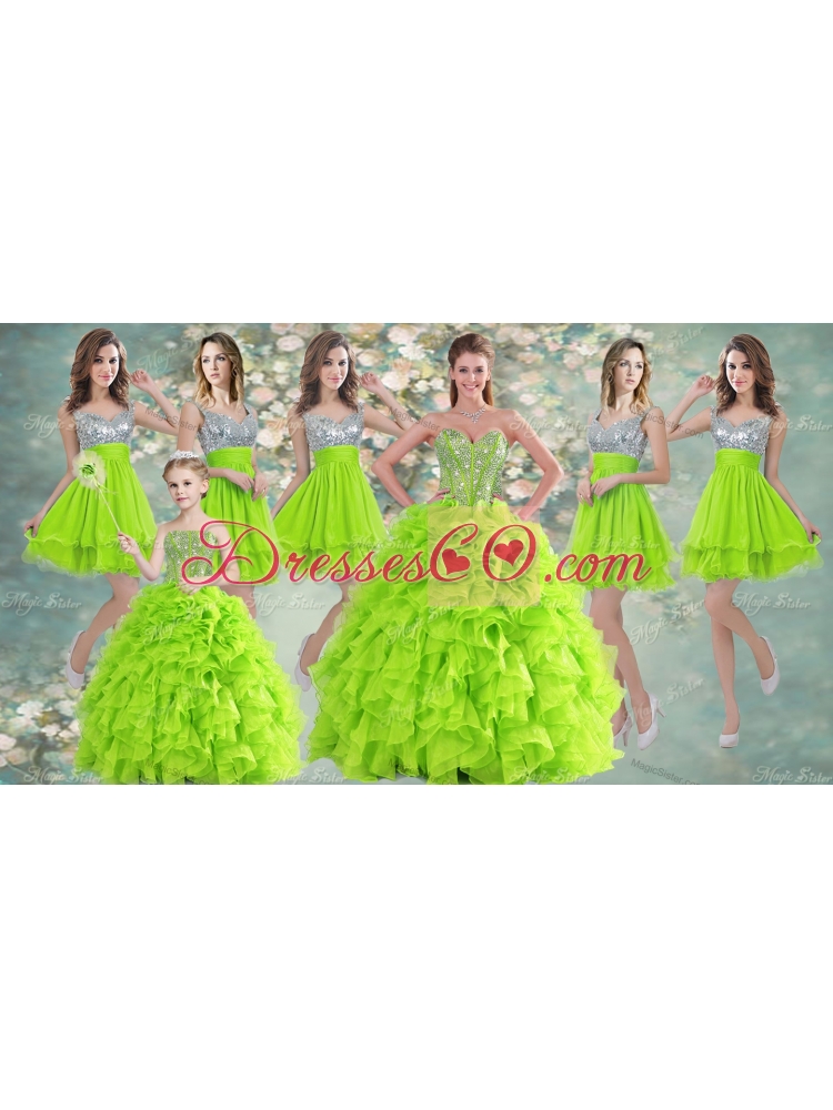 Visible Boning Yellow Green Quinceanera Gown and Sequined Short  Dama Dressand Beaded and Ruffled Mini Quinceanera Dress