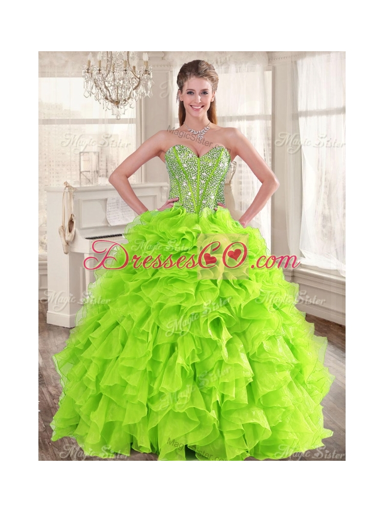 Visible Boning Yellow Green Quinceanera Gown and Sequined Short  Dama Dressand Beaded and Ruffled Mini Quinceanera Dress