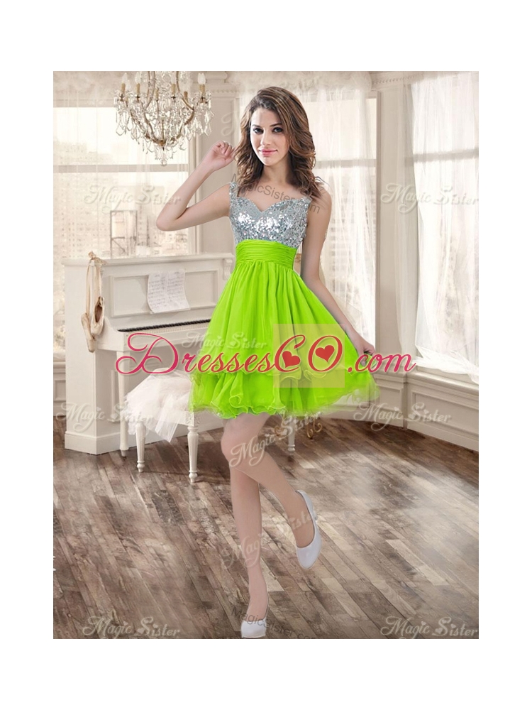 Visible Boning Yellow Green Quinceanera Gown and Sequined Short  Dama Dressand Beaded and Ruffled Mini Quinceanera Dress