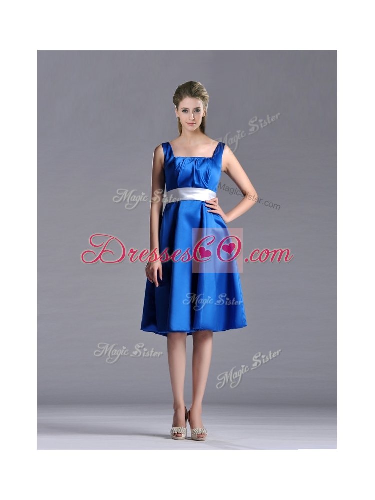 New Style Empire Square Taffeta Blue Prom Dress with White Belt