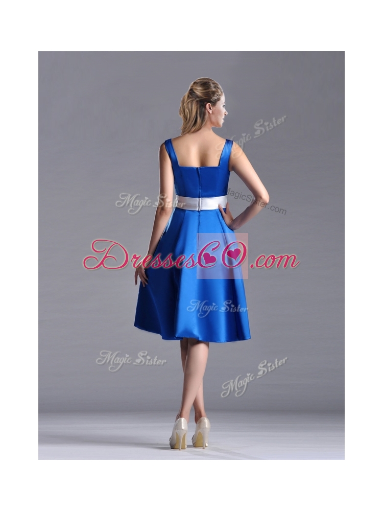 New Style Empire Square Taffeta Blue Prom Dress with White Belt