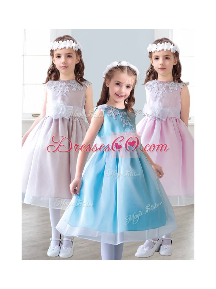 Elegant Scoop Tea Length Little Girl Pageant Dress with Appliques and Hand Made Flowers