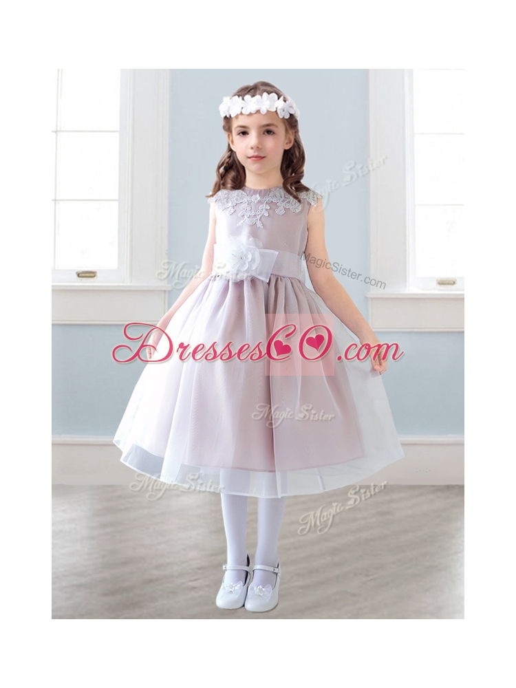 Elegant Scoop Tea Length Little Girl Pageant Dress with Appliques and Hand Made Flowers