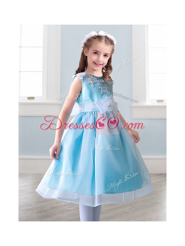 Elegant Scoop Tea Length Little Girl Pageant Dress with Appliques and Hand Made Flowers