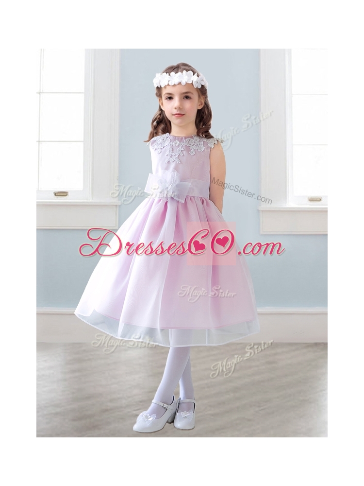 Elegant Scoop Tea Length Little Girl Pageant Dress with Appliques and Hand Made Flowers