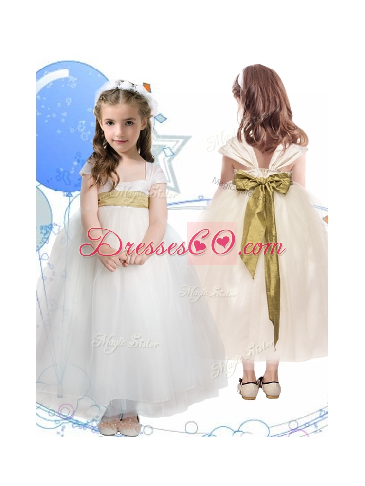 New Arrivals Square Cap Sleeves Little Girl Pageant Dress with Sashes