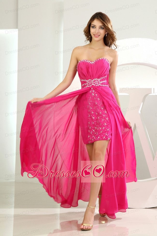 High Slit Empire Chiffon Beading Long Prom Dress Hot Pink