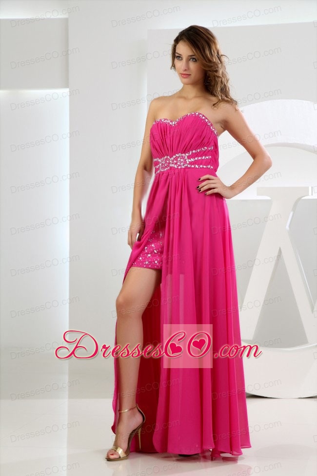 High Slit Empire Chiffon Beading Long Prom Dress Hot Pink